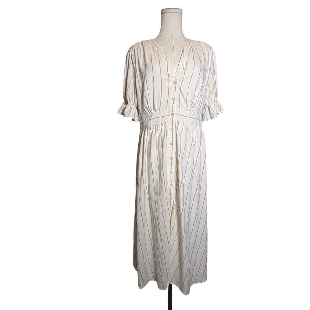 Cremieux Women White Tan Striped Button Front Ruffle Sleeve Midi Dress Size 8